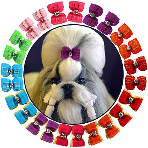 HOLLIHI 24 pcs/12 Pairs Adorable Grosgrain Ribbon Pet Dog Hair Bows with Elastic Rubber Bands - Doggy Kitty Bowknots Topknot Grooming Accessories Set for Long Hair Puppy Cat