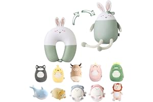 JOYRAVO 2-in-1 Travel Pillow for Kids - Soft and Adorable Animals Plushie That Converts into a U-Shaped Neck Pillow for Ultimate Comfort During Airplane, Train, Bus Trip -Green Rabbit