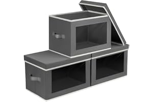 Homsorout 3 Pack Storage Boxes with Lids Foldable - Wardrobe Organiser Storage Cubes with Transparent Window Fabric Organiser Box for Shelf, Toys, Clothes, Books, Closet, Office