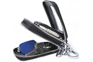 Guolich Car Key Chain Bag Double Zipper Leather Protection Key Coin Holder Keyring with Transparent Window for Car Key Remote Control