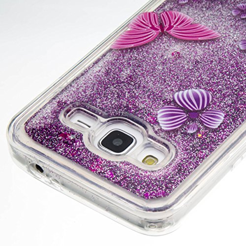 für Samsung Galaxy J3 2016 Hülle,SKYXD Glitzer Flüssig Wasser Kreativ Design Weiche Silikon Gel Gummi [Nicht Hard Case] Brillianter Leichtes Glatt Schutzhülle mit [Handyanhänger + Eingabestifte] Handy Tasche Hülle Etui für Samsung Galaxy J3 2015/2016 SM-J320 Soft Shine Bling Glitter Liquid Water Folie Case Back Cover With Touch Pen Dust Plug – Violett Treibsand Sparkle mit Rosa Schmetterling Muster - 3