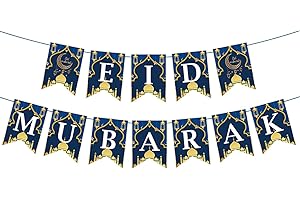 EWLPI Eid Decorations Banner,2Pcs Eid Mubarak Decorations Banner Bunting,Preassemble Eid Banner Garland for Home Muslim Islamic Eid Decorations Umrah Mubarak Party Supplies,Gold Blue