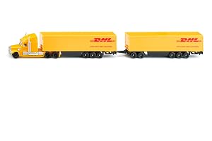 Siku 1806, Freightliner DHL Road Train, dragbil med påhängsvagn och släpvagn, 1:87, metall/plast, gul, avkopplingsbar påhängs