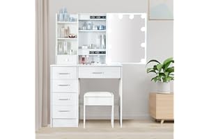 Saihemei Makeup Vanity Set with Sliding Mirror and Drawers, Dressing Table with Shelves and Lights, 3 Lighting Modes for Bedroom Woman Girls