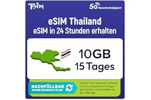 TSIM Thailand eSIM | 15 Tage | 10gb | Nachfüllbarer Tarif | 5G Geschwindigkeit | Hotspot | Nur-Daten. QR-Code Wird innerhalb von 24 Stunden gesendet, scannen zur Aktivierung, Keine Telefonnummer