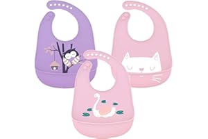 ATOPO Lot de 3 Bavoir en Silicone Bavoir d'alimentation étanche avec Ramasse-miettes Facilement Lavable Super Doux Réutilisable Bavoir pour Tout Petits Mangeant