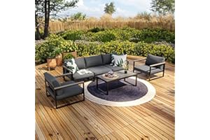 Avril Paris Salon de Jardin Exterieur en Aluminium - 5 Places - Ensemble Meuble Salon Complet Gris - 2 Fauteuils de Jardin - 1 Canapé 3 Places - 1 Table Basse – Vincennes