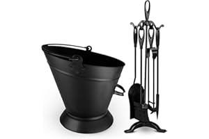 FB Funkybuys 5 Piece Fireside Companion Set for Log Burner – Traditional Black Heavy Duty Fire Poker Set for Wood Burners – Tools Set Include Coal Tongs Hearth Brush Fire Shovel Stand Ash Bucket