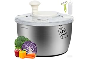 GROWZELT XXL Salatschleuder Edelstahl 5L, mit Schäler und Quetschflasche - Spülmaschinengeeigne - Ideal Salatschleuder Groß zum Waschen und Trocknen von Salat