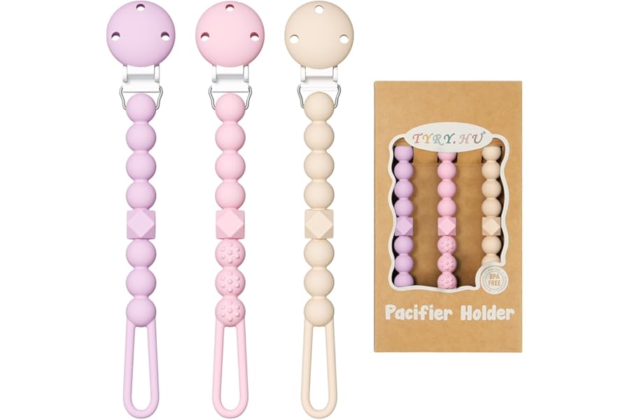 TYRY.HU Silicone Dummy Clip for Baby,One Piece Pacifer Chain Holder Set,Pacifier Clips for Boys and Girls,Fits Most Pacifiers and Teething Toys,3 Pack Unisex Newborn Universal