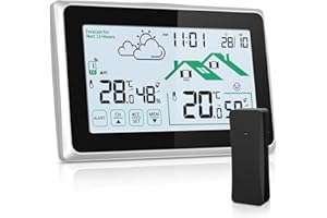 LVELFE Wetterstation Funk mit Außensensor, Funkwetterstation für Temperatur und Feuchtigkeitsüberwachung Innen/Außen mit Wettervorhersage, Thermometer, DCF Funkuhr und LCD Touchscreen