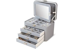 KAMIER Jewellery Organizer Box,4-Layer Jewellery Box for Women with Lock and Mirror, Jewelry Storage Box for Earrings Bracelets Rings Necklaces.Grey