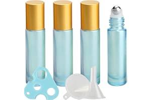 TIANZD Lot de 4, Flacons à Bille pour Huiles Essentielles 10ml – Bouteilles Roll-on en Verre Bleu avec Couvercle Or avec Rouleau en Acier Inoxydable (1 décapsuleur et 1 entonnoir)