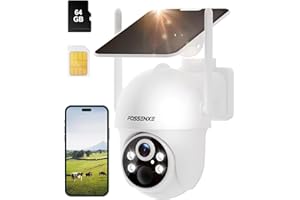 FOSSENXE Kamera bezpieczeństwa 4G LTE, bezprzewodowa kamera solarna z kartą SIM i pamięcią kart 64 GB, kamera PTZ 2K HD 4MP bez Wi-Fi, noktowizor kolorowy, wykrywanie ciała PIR