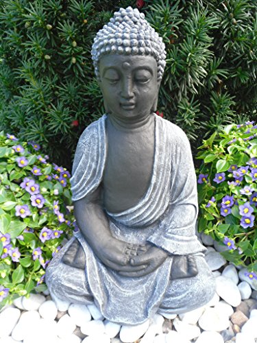 Steinfigur Buddha, Gartenfigur Steinguss Basaltgrau