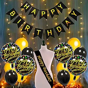 Party Propz Happy Birthday Decoration Kit Combo Fairy Led Lights - 17pcs Set Banner; Rubber Balloon; Metallic; Foil;Sash For Boys; Girls; Kids; 16th; 18th; 21st; 30th Party Supplies