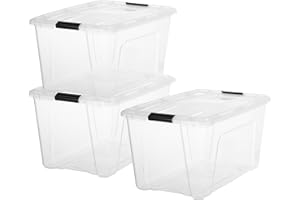 Iris Ohyama, Kunststoff-Aufbewahrungsbox mit Deckel, 45L, 3er-Set, Transparent, 98% recycelter Kunststoff, Verschlussclips, Griff, Stapelbar, Fürs Schlafzimmer, Ankleidezimmer, Büro, BPA-frei, BSB-45