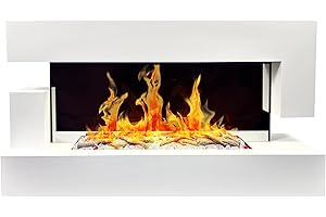 CHEMIN'ARTE Camino elettrico LED da parete Quarzt 120 cm - Bianco - Effetto fiamma LED - Telecomando, Caminetto con Timer e Controllo Automatico di Temperatura