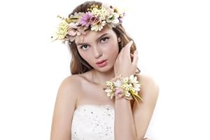 Ever Fairy® Juego de corona de flores para mujer y niña, corona floral, diadema para boda, beige, talla única