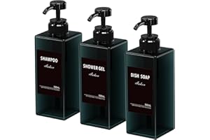 Anhow 3 szt Dozownik do Mydła, Dozownik Szamponu żel pod Prysznic Dozowników Mydła 500ml Dozownik Mydła do rąk i 12 Sztuk Wodoszczelnych Etykiet na Butelki - Niebieski