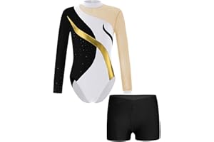 Oyolan Enfant Fille Justaucorps Gymnastique Strass Brillant Manche Longue avec Short Gym Ensemble Danse Patinage Performance 5-16 Ans