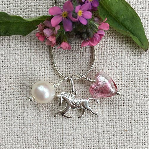 HandmadeDiana Ingram three charm necklace in Sterling Silver with candy stripe pink Murano glass heart, horse, white pearl and snake chain