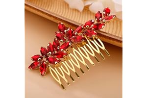 Chargances Bride Wedding Rhinestone Hair Comb Rose Red Crystal Hair Side Comb Fashion Handmade Headpiece Bridal Hair Accessories for Wedding Prom Flower Girl (Red)