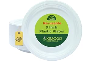 XIMOGO Reusable Plastic Plates 100 Count, 9-Inch Heavy-Duty Party Plates, Sturdy & Hard, BPA-Free & Microwave Safe Dinnerware for Parties, Picnics & Events