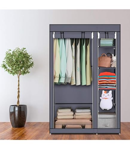 YOUUD Kleiderschrank Aus Stoff, 200x43x177 Cm – Tragbarer Schrank Mit Stangen & Regalen, Graue Abdeckung, Einfach Montiert