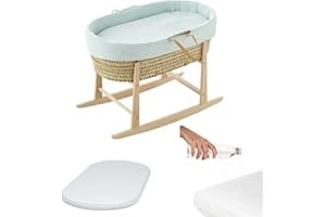 COOL · DREAMS - Moisés para bebé Recien Nacido - Incluye vestidura 100% algodón, colchón, balancín Natural, capazo de Mimbre de Palma Natural y 2 bajeras Impermeables. - My Koala Mint