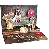 KE 3D Pop Up Karte - Geburtstags-Karte mit Hunde-Motiv - Mops auf dem Sofa - 3D Gruß-Karte - Glückwunsch Klapp-Karte mit Glit