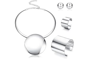 Kakonia Statement Chunky Jewellery Set Choker Earrings Bracelet Ring Gold Silver Plated Round Pendant Necklace Nigerian Costume Party African Jewellery Accessories for Women and Girls