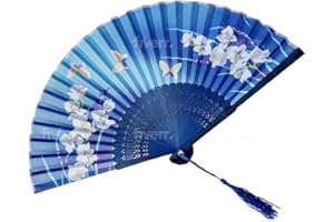 HICET Light Blue Magnolia Floral Patterned Hand Fans Come With Fan Bag, Vintage Silk and Japanese Lace Designs with Bamboo Frames, Handheld Folding Fans Perfect for Weddings, Parties and Church Events