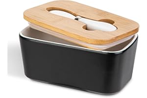 Mantequillera de Porcelana con Cuchillo y Tapa, Henten Home Contenedor Grande para Mantequilla, Recipiente Hermética para Todo Tipo de Mantequilla(Negro Mate)