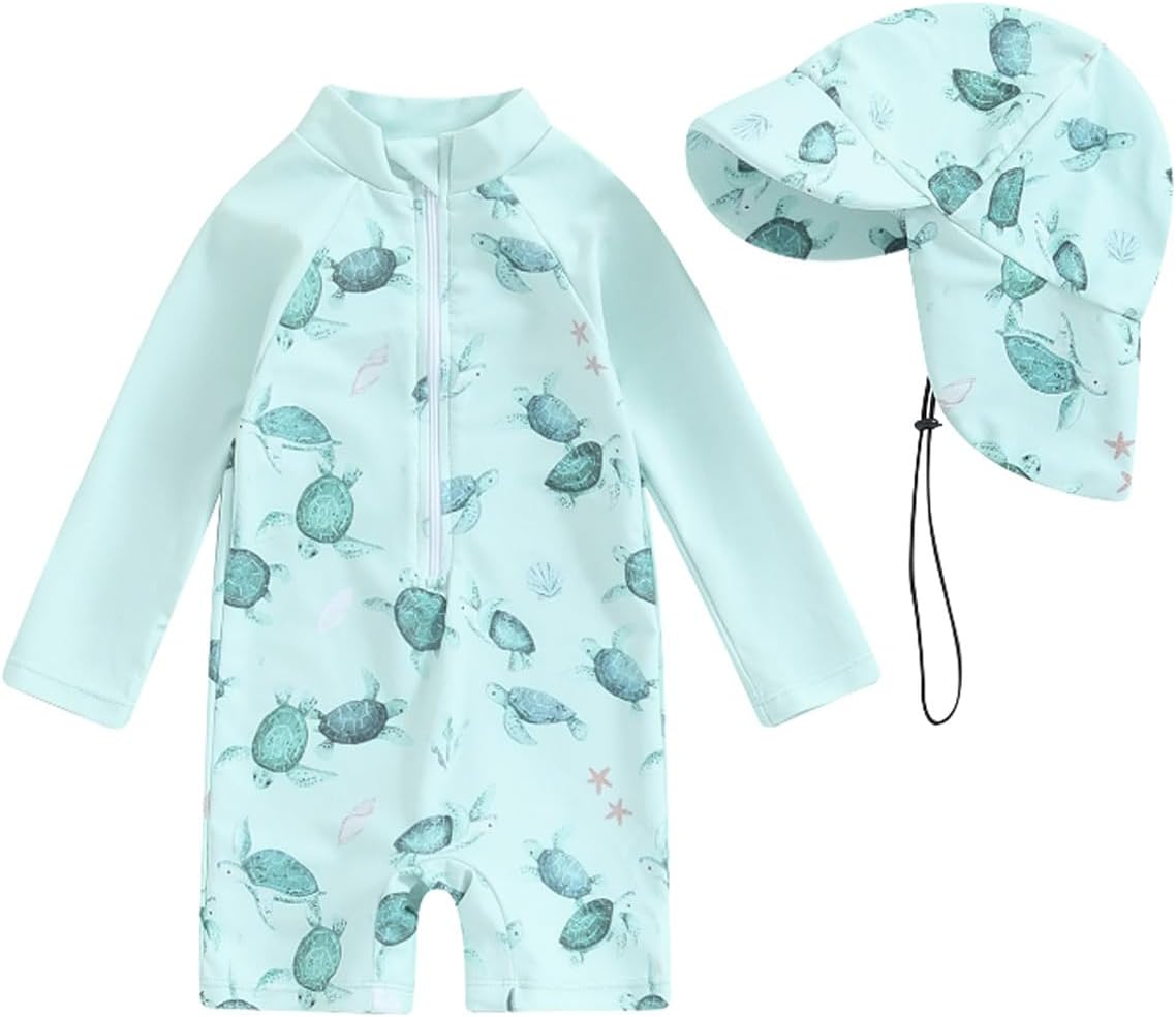 JENJON Traje de Baño de Una Pieza de Manga Larga para Bebé Niños Estampado con Cremallera Piscina Rashguard con Sombrero 2Pcs Infantil Ropa de Playa 6M-3 Años