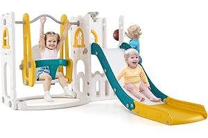 COSTWAY 7 in 1 Parco Giochi per Bambini, Set di Scivolo e Altalena per Bambini con Canestro da Basket e Telescopio, 142 x 165 x 92 cm, 1-3 Anni (Verde+Giallo)