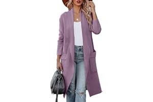 Uusollecy Kardigan damski z długim rękawem, drapowany, otwarty przód, długi kardigan z kieszeniami