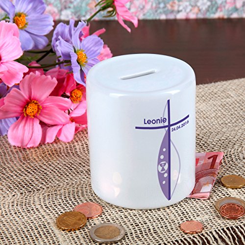 geschenke-online Spardose für Mädchen zur Taufe / Kommunion / Konfirmation mit Namen und Datum - 3