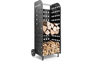 tectake® Carretilla de Chimenea, Carro de Leña con Ruedas Robusta, Bandeja Adicional, Asa de Acero Inoxidable, Estructura Estable de Chapa Perforada, Estante Leña, Leñero Exterior - Negro
