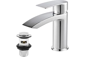 Waterfall Basin Mixer Taps with Drain, BATHWEST Basin Taps with Pop Up Waste, Monobloc Chromed Brass Basin Taps with Sink Plug 882AM