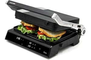 Cloen Parrilla eléctrica, Foodie Grill 2000W, Revestimiento Antiadherente, Apertura 180º, Adaptable en Altura, Placas intercambiables antiadhentes. Regulador de tiempo y temperatura automático.