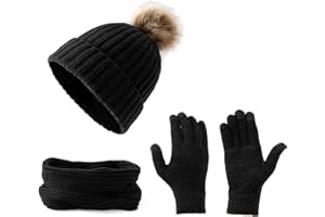 Embouro Damen 3-in-1-Pom-Pom Beanie-Schal-Handschuh-Set, Winterset für kaltes Wetter für Frauen mit abnehmbaren Pom-Poms