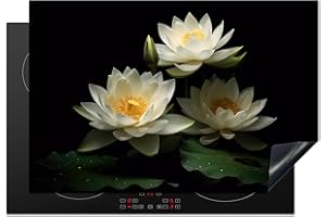 KitchenYeah© Protezione Piano Cottura Tappetino per Induzione 78x52 cm Cucina Proteggi Coprifornello Antiscivolo Loto - Fiori - Bianco - Naturale - Nero