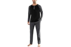 Migcaput Pijama Hombre con Camiseta Manga Larga y Pantalón, Invierno Conjunto de Pijama de algodón para Hombre | Cintura elástica y cordón