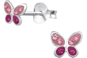Laimons, orecchini per bambine a forma di farfalla, rosa e fucsia con glitter in argento Sterling 925