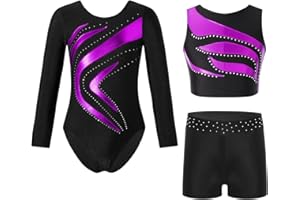Alvivi 3 Stück Mädchen Turnanzug Langarm Gymnastikanzug Streifen Turnbody + Sport BH Tops + Shorts Gymnastik Leotard Tanzanzug