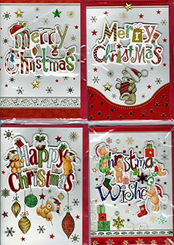Box of 24 Hand Made 3D Embellished Cute Christmas Cards &amp; Envelopes. Blank inside. Individually wrapped