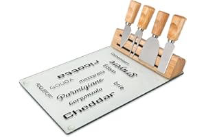 ROMINOX Lot de 5 Accessoires de Fromage faciles d'entretien : Plateau en Verre, Corps en Bois avec Support magnétique, 4 Couverts à Fromage, Dimensions : env. 30 x 20 x 12 cm