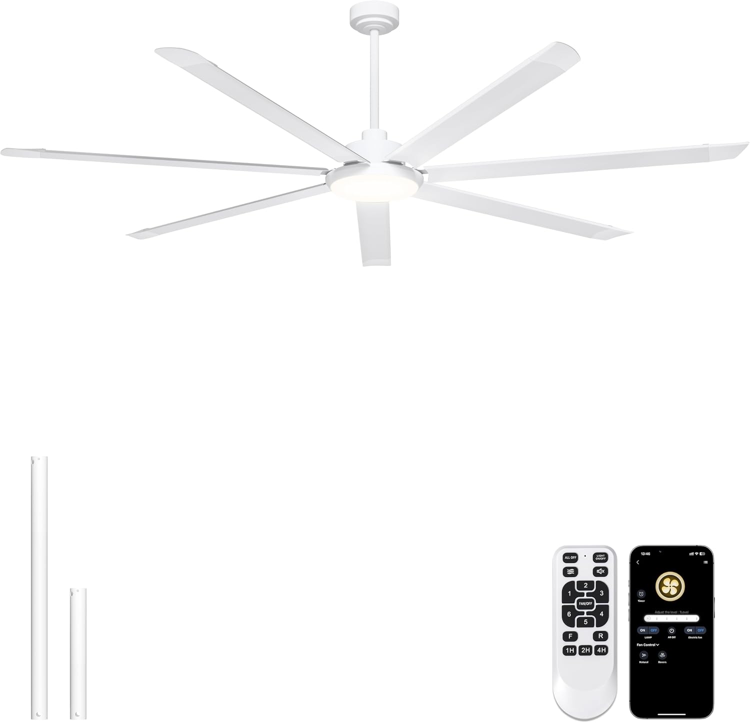 Ohniyou Ventilador de Techo de 213 cm con Luz - Ventiladores de Techo Industrial Grande con Control Remoto/APP, 7 Aspas de Aluminio, Motor DC Silencioso para Interior Exterior Terraza Garaje, Blanco