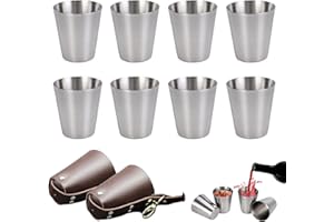 doepeBAE Bicchierini Acciaio Inox, Bicchieri Shot Set con Custodie in Pelle, Bicchieri per Cocktail Caffe Whisky Gin, Tazza in Acciaio Inox Portatile per Feste, BBQ, Campeggio, ecc (70ml Set da 8)